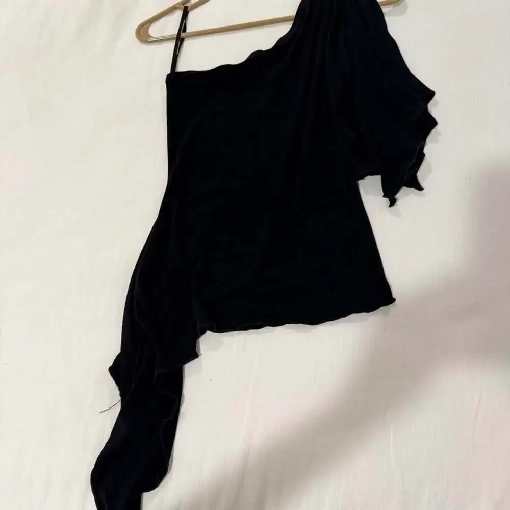 Tempted Black One Shoulder Ruffle Asymmetric Top